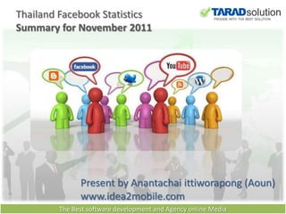 Thailand Facebook Statistics
Summary for November 2011




              Present by Anantachai ittiworapong (Aoun)
              www.idea2mobile.com
        The Best software development and Agency online Media
 