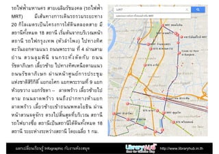 รถไฟฟ้ามหานคร สายเฉลิมรัชมงคล (รถไฟฟ้า
MRT) มีเส้นทางการเดินรถรวมระยะทาง
20 กิโลเมตรเป็นโครงการใต้ดินตลอดสาย มี
สถานีทังหมด 18 สถานี เริมต้นจากบริเวณหน้า
สถานี รถไฟกรุงเทพ (หัวลําโพง) ไปทางทิศ
ตะวันออกตามแนว ถนนพระราม ที 4 ผ่านสามตะวันออกตามแนว ถนนพระราม ที 4 ผ่านสาม
ย่าน สวนลุมพินี จนกระทังตัดกับ ถนน
รัชดาภิเษก เลียวซ้าย ไปทางทิศเหนือตามแนว
ถนนรัชดาภิเษก ผ่านหน้าศูนย์การประชุม
แห่งชาติสิริกิติ แยกอโศก แยกพระรามที 9 แยก
ห้วยขวาง แยกรัชดา – ลาดพร้าว เลียวซ้ายไป
ตาม ถนนลาดพร้าว จนถึงปากทางห้าแยก
ลาดพร้าว เลียวซ้ายเข้าถนนพหลโยธิน ผ่าน
แลกเปลียนเรียนรู้ Infographic กับงานห้องสมุด http://www.libraryhub.in.th
ตาม ถนนลาดพร้าว จนถึงปากทางห้าแยก
ลาดพร้าว เลียวซ้ายเข้าถนนพหลโยธิน ผ่าน
หน้าสวนจตุจักร ตรงไปสินสุดทีบริเวณ สถานี
รถไฟบางซือ สถานีเป็นสถานีใต้ดินทังหมด 18
สถานี ระยะห่างระหว่างสถานี โดยเฉลีย 1 กม.
 