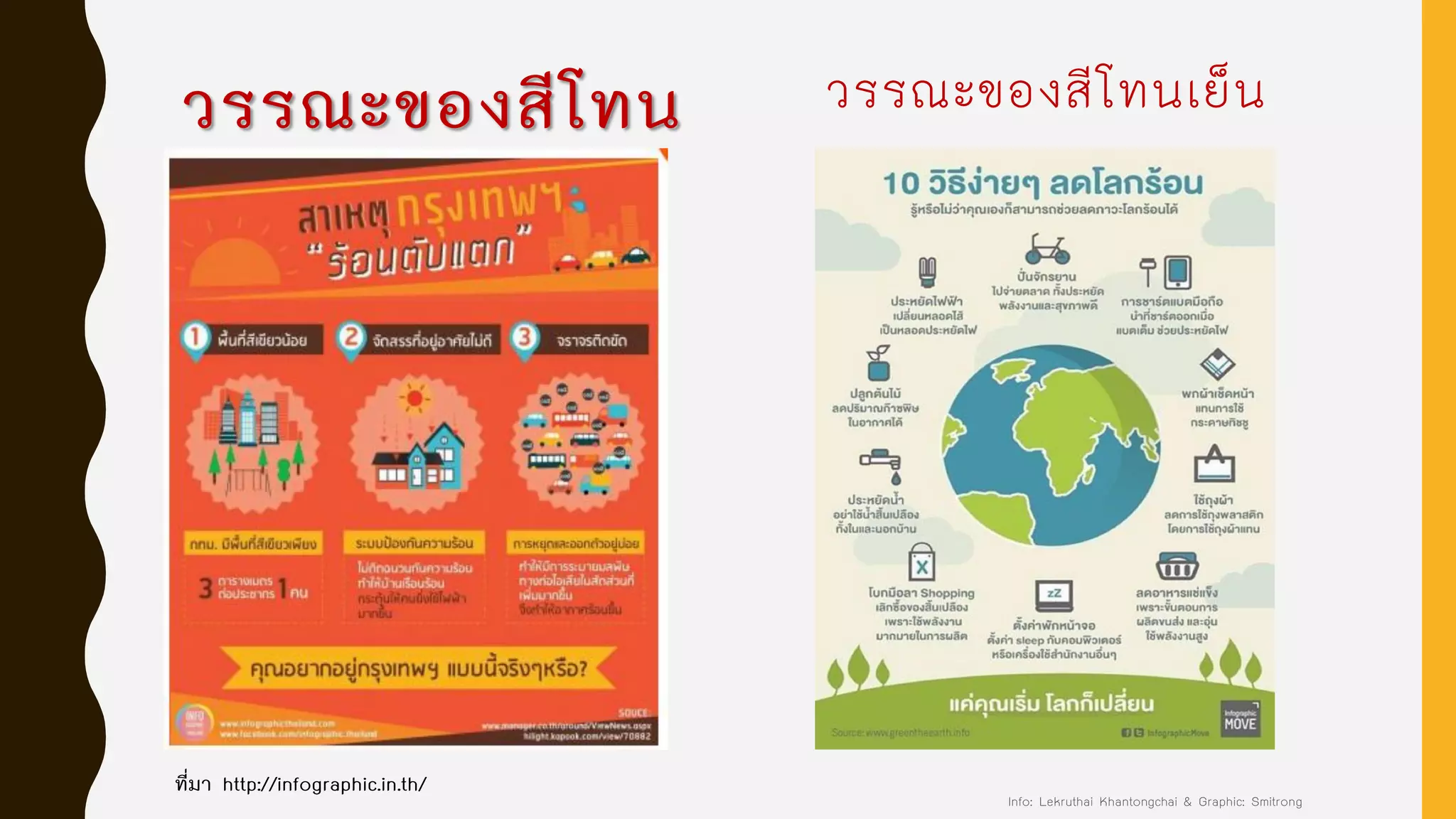 วรรณะของสีโทน
ร้อน
ที่มา http://infographic.in.th/
วรรณะของสีโทนเย็น
Info: Lekruthai Khantongchai & Graphic: Smitrong
 