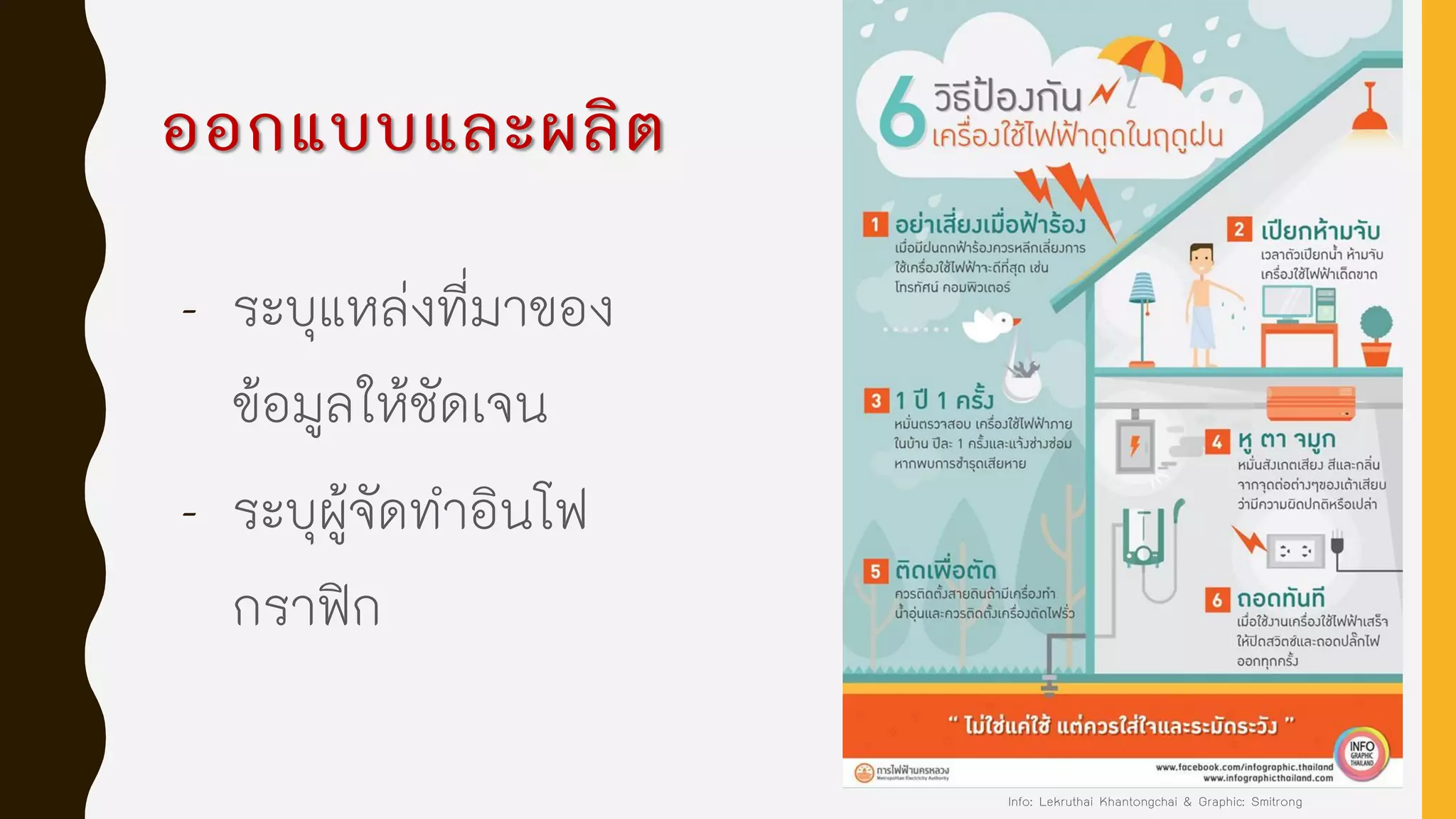 ออกแบบและผลิต
- ระบุแหล่งที่มาของ
ข้อมูลให้ชัดเจน
- ระบุผู้จัดทาอินโฟ
กราฟิก
Info: Lekruthai Khantongchai & Graphic: Smitrong
 