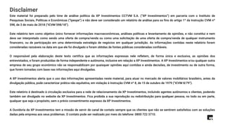 Disclaimer
Este material foi preparado pelo time de análise política da XP Investimentos CCTVM S.A. (“XP Investimentos”) em parceria com o Instituto de
Pesquisas Sociais, Políticas e Econômicas (“Ipespe”) e não deve ser considerado um relatório de análise para os fins do artigo 1º da Instrução CVM nº
598, de 3 de maio de 2018 (“ICVM 598/18”).
Este relatório tem como objetivo único fornecer informações macroeconômicas, análises políticas e levantamento de opiniões, e não constitui e nem
deve ser interpretado como sendo uma oferta de compra/venda ou como uma solicitação de uma oferta de compra/venda de qualquer instrumento
financeiro, ou de participação em uma determinada estratégia de negócios em qualquer jurisdição. As informações contidas neste relatório foram
consideradas razoáveis na data em que ele foi divulgado e foram obtidas de fontes públicas consideradas confiáveis.
O responsável pela elaboração deste texto certifica que as informações expressas nele refletem, de forma única e exclusiva, as opiniões dos
entrevistados, e foram produzidas de forma independente e autônoma, inclusive em relação a XP Investimentos. A XP Investimentos e/ou qualquer outra
empresa de seu grupo econômico não se responsabilizam por quaisquer opiniões aqui contidas e ainda decisões, de investimento ou de outra forma,
que forem tomadas com base nas informações aqui divulgadas.
A XP Investimentos alerta que o uso das informações apresentadas neste material, para atuar no mercado de valores mobiliários brasileiro, antes da
divulgação pública, pode caracterizar prática não equitativa, em violação à Instrução CVM nº 8, de 15 de outubro de 1979 (“ICVM 8/79”).
Este relatório é destinado à circulação exclusiva para a rede de relacionamento da XP Investimentos, incluindo agentes autônomos e clientes, podendo
também ser divulgado no website da XP Investimentos. Fica proibida a sua reprodução ou redistribuição para qualquer pessoa, no todo ou em parte,
qualquer que seja o propósito, sem o prévio consentimento expresso da XP Investimentos.
A Ouvidoria da XP Investimentos tem a missão de servir de canal de contato sempre que os clientes que não se sentirem satisfeitos com as soluções
dadas pela empresa aos seus problemas. O contato pode ser realizado por meio do telefone: 0800 722 3710.
 