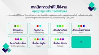 เทคนิคการนาสีไปใช้งาน
Applying Color Techniques
เทคนิคการเลือกสีไม่ได้มีสูตรสาเร็จตายตัว โดยมากจะเลือกสีจากวิธีโยงความสัมพันธ์จากวงล้อความสัมพันธ์จากวงล้อสี การเลือกสีควรเปิดวงล้อสี
แล้วเลือกสีหลักๆ สาหรับใช้ในการทางานกันก่อน เทคนิคที่นิยมใช้มีอยู่ 7 รูปแบบ ได้แก่
สีโทนเดียว
Monochromatic
สีคู่ตรงข้าม
Complementary
สามสีข้างเคียง
Analogous
สามเหลี่ยมด้านเท่า
Triadic
สีตรงกันข้ามเยือง
Split-Complementary
สี่เหลี่ยมจัตุรัส
Square
สี่เหลี่ยมผืนผ้า
Rectangle
>>
 