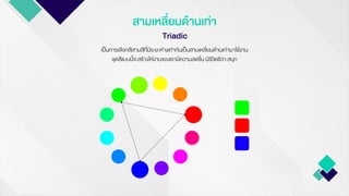 สามเหลี่ยมด้านเท่า
Triadic
เป็นการเลือกสีสามสีที่มีระยะห่างเท่ากันเป็นสามเหลี่ยมด้านเท่ามาใช้งาน
ชุดสีแบบนี้จะสร้างให้งานของเรามีความสดชื่น มีชีวิตชีวา สนุก
 