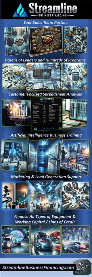 Customer Focused Spreadsheet Analysis
Your Sales Team Partner
Dozens of Lenders and Hundreds of Programs
Artificial Intelligence Business Training
Marketing & Lead Generation Support
Finance All Types of Equipment &
Working Capital / Lines of Credit
StreamlineBusinessFinancing.com
 