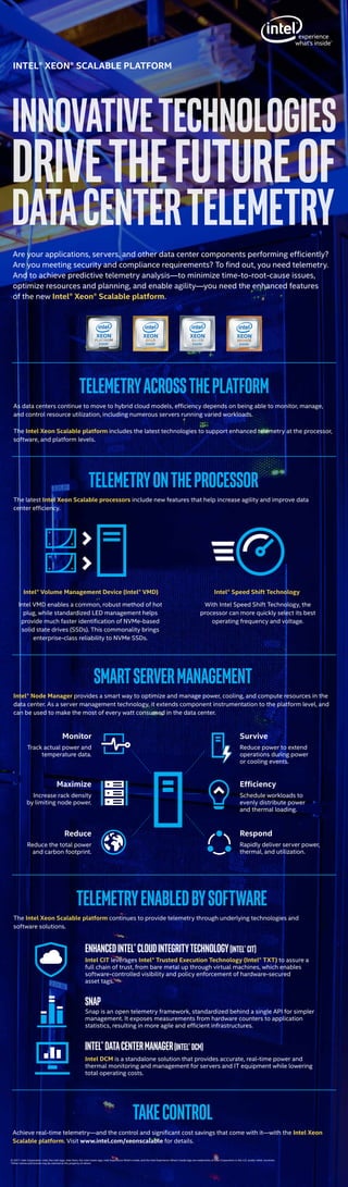 INTEL® XEON® SCALABLE PLATFORM
DATACENTERTELEMETRY
DRIVETHEFUTUREOF
INNOVATIVETECHNOLOGIES
Are your applications, servers, and other data center components performing efficiently?
Are you meeting security and compliance requirements? To find out, you need telemetry.
And to achieve predictive telemetry analysis—to minimize time-to-root-cause issues,
optimize resources and planning, and enable agility—you need the enhanced features
of the new Intel® Xeon® Scalable platform.
TAKECONTROL
Achieve real-time telemetry—and the control and significant cost savings that come with it—with the Intel Xeon
Scalable platform. Visit www.intel.com/xeonscalable for details.
© 2017. Intel Corporation. Intel, the Intel logo, Intel Xeon, the Intel Inside logo, Intel Experience What’s Inside, and the Intel Experience What’s Inside logo are trademarks of Intel Corporation in the U.S. and/or other countries.
*Other names and brands may be claimed as the property of others.
As data centers continue to move to hybrid cloud models, efficiency depends on being able to monitor, manage,
and control resource utilization, including numerous servers running varied workloads.
The Intel Xeon Scalable platform includes the latest technologies to support enhanced telemetry at the processor,
software, and platform levels.
TELEMETRYACROSSTHEPLATFORM
The latest Intel Xeon Scalable processors include new features that help increase agility and improve data
center efficiency.
Intel® Node Manager provides a smart way to optimize and manage power, cooling, and compute resources in the
data center. As a server management technology, it extends component instrumentation to the platform level, and
can be used to make the most of every watt consumed in the data center.
SMARTSERVERMANAGEMENT
The Intel Xeon Scalable platform continues to provide telemetry through underlying technologies and
software solutions.
TELEMETRYENABLEDBYSOFTWARE
TELEMETRYONTHEPROCESSOR
ENHANCEDINTEL®CLOUDINTEGRITYTECHNOLOGY(INTEL®CIT)
SNAP
INTEL®DATACENTERMANAGER(INTEL®DCM)
Monitor
Track actual power and
temperature data.
Survive
Reduce power to extend
operations during power
or cooling events.
Maximize
Increase rack density
by limiting node power.
Efficiency
Schedule workloads to
evenly distribute power
and thermal loading.
Reduce
Reduce the total power
and carbon footprint.
Respond
Rapidly deliver server power,
thermal, and utilization.
Intel® Volume Management Device (Intel® VMD)
Intel VMD enables a common, robust method of hot
plug, while standardized LED management helps
provide much faster identification of NVMe-based
solid state drives (SSDs). This commonality brings
enterprise-class reliability to NVMe SSDs.
Intel® Speed Shift Technology
With Intel Speed Shift Technology, the
processor can more quickly select its best
operating frequency and voltage.
Intel CIT leverages Intel® Trusted Execution Technology (Intel® TXT) to assure a
full chain of trust, from bare metal up through virtual machines, which enables
software-controlled visibility and policy enforcement of hardware-secured
asset tags.
Snap is an open telemetry framework, standardized behind a single API for simpler
management. It exposes measurements from hardware counters to application
statistics, resulting in more agile and efficient infrastructures.
Intel DCM is a standalone solution that provides accurate, real-time power and
thermal monitoring and management for servers and IT equipment while lowering
total operating costs.
 