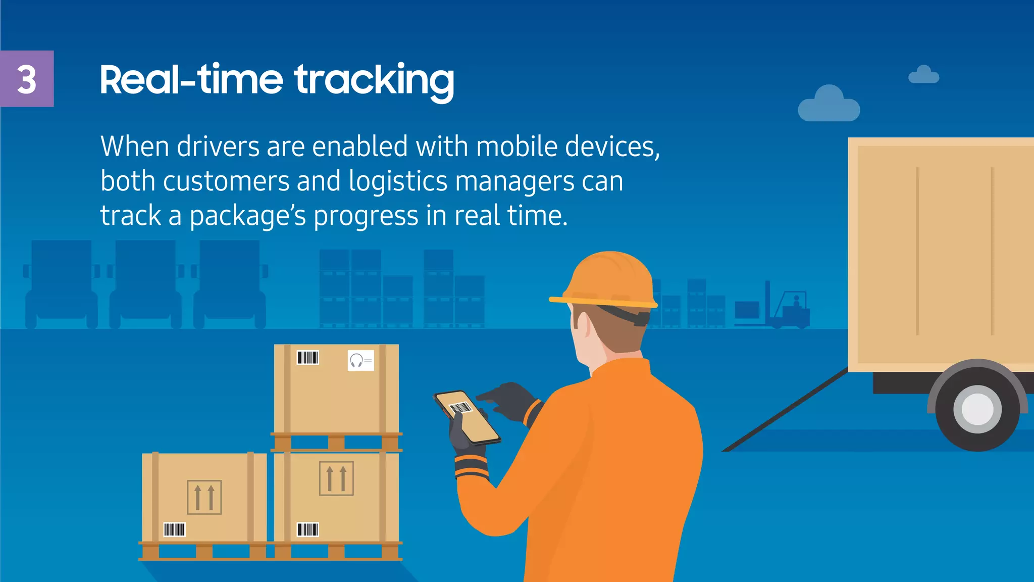 3 Real-time tracking
When drivers are enabled with mobile devices,
both customers and logistics managers can
track a package’s progress in real time.
 