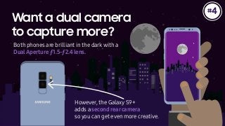 Both phones are brilliant in the dark with a
DualAperture ƒ1.5-ƒ2.4 lens.
However, the Galaxy S9+
adds a second rearcamera
so you can get even more creative.
Want a dual camera
to capture more?
4#
 