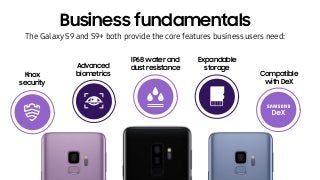 The Galaxy S9 and S9+ both provide the core features business users need:
Business fundamentals
Knox
security
Advanced
biometrics
IP68 water and
dust resistance
Expandable
storage
Compatible
with DeX
 