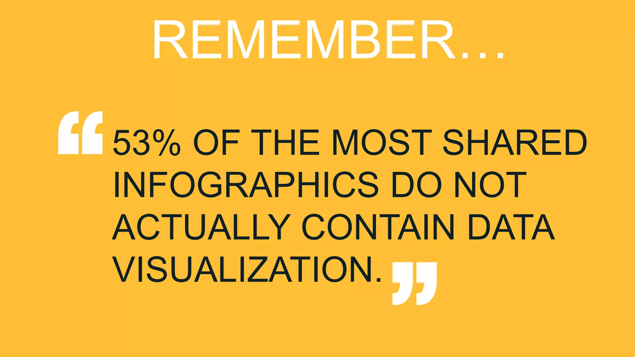 53% OF THE MOST SHARED
INFOGRAPHICS DO NOT
ACTUALLY CONTAIN DATA
VISUALIZATION.
“ “
REMEMBER…
 