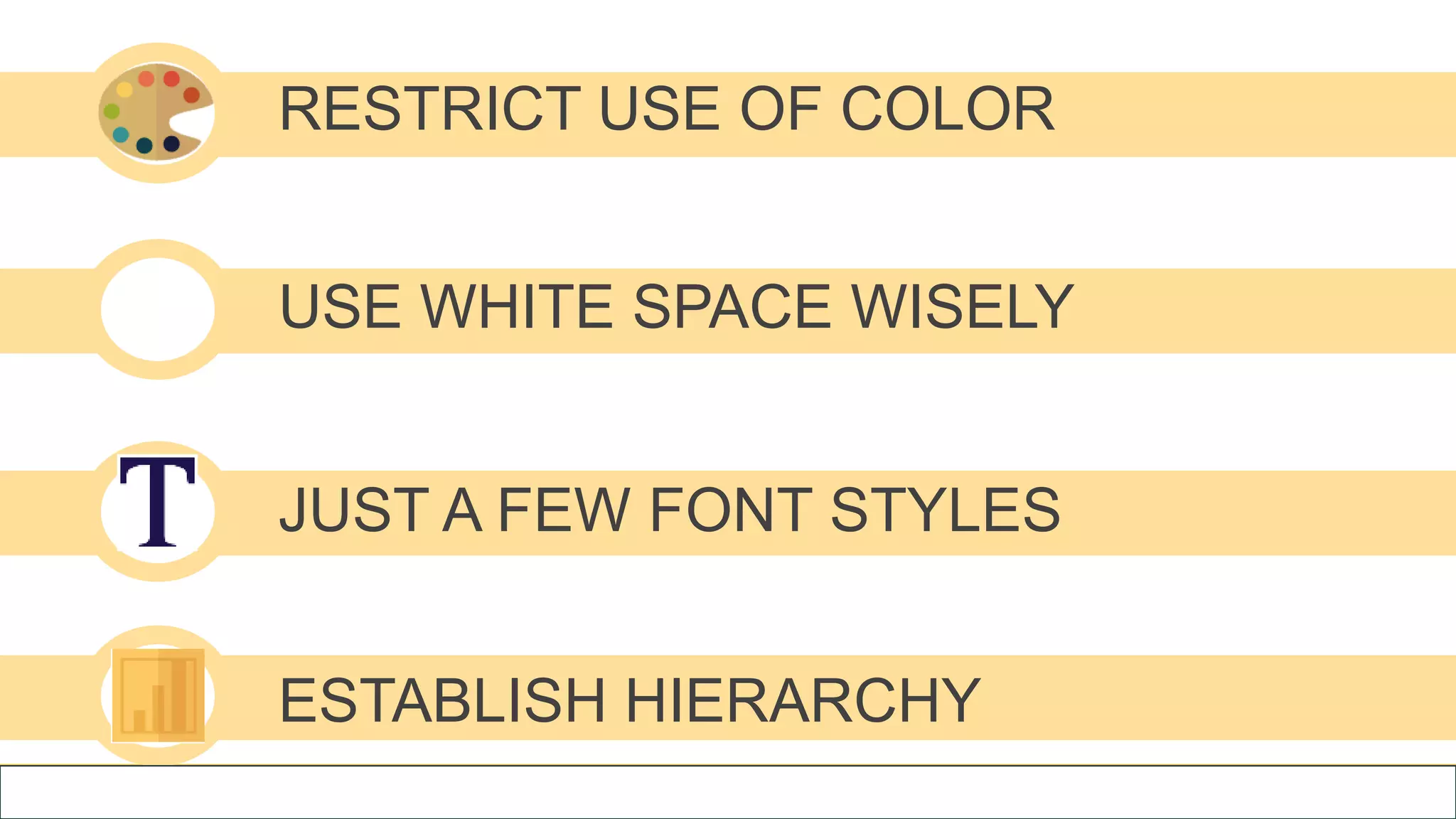 TIMELY ISSUE
RESTRICT USE OF COLOR
USE WHITE SPACE WISELY
JUST A FEW FONT STYLES
ESTABLISH HIERARCHY
 