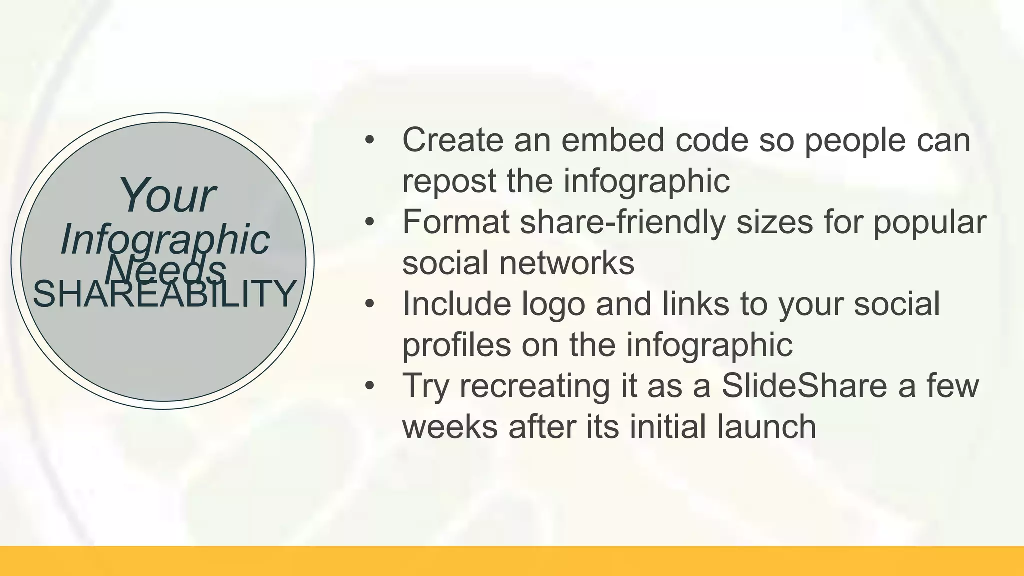 SHAREABILITY
Your
Infographic
Needs
• Create an embed code so people can
repost the infographic
• Format share-friendly sizes for popular
social networks
• Include logo and links to your social
profiles on the infographic
• Try recreating it as a SlideShare a few
weeks after its initial launch
 
