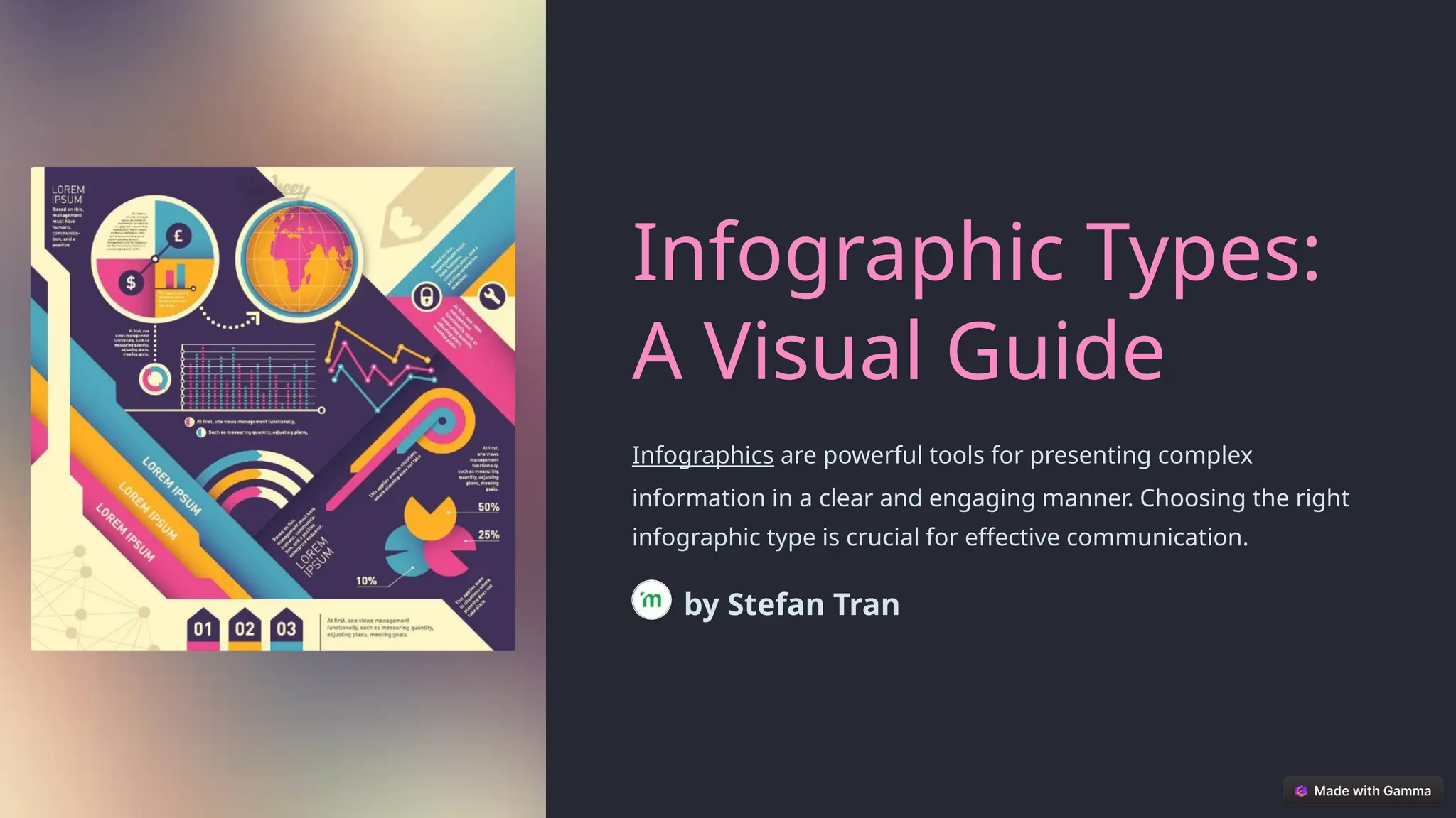 Infographic Types:
A Visual Guide
Infographics are powerful tools for presenting complex
information in a clear and engaging manner. Choosing the right
infographic type is crucial for effective communication.
by Stefan Tran
 