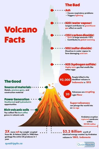 Volcano
Facts
H2O(watervapour)
Ash
TheBad
CO2(carbondioxide)
SO2(sulfurdioxide)
People killed in the
deadliest volcano in
Indonesia in 1815
$2.2 Billion worth of
electrical energy wasted by Krakatoa
volcano in 1883, Indonesia
Krakatoa eruption
ruptured eardrums
within
50 KM radius
2X more ash by weight erupted
from Mt. St Helens (USA) in 1980 than
garbage the entire US produces in 1
year
Volcanoes are erupting
right Now
Supervolcanoes
can plunge the world into
an ice age
H2S(hydrogensulfide)
Richvolcanicsoils
PowerGeneration
Sourceofmaterials
TheGood
Largest contributor to greenhouse
gas effect on earth
•	Causes respiratory problems
•	Triggers lightning
•	 Toxic in large amounts >10%
•	 Contributes to global warming
Dissolves in water vapour to
form damaging acid rain
Highly toxic gas that smells like
rotten eggs
92,000
20
Yay coffee! The best coffee
grows in volcanic soils
quadripple.ca
Geothermal and hydroelectric
opportunities
Metals, precious gems, and
construction material
 