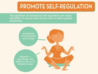 acceptance
of uncertainty
and change
integrity —
speciﬁcally, the
ability to say no to
impulsive urges
PROMOTE SELF-REGULATION
The signiﬁers of emotional self-regulation are easily
identiﬁed. A person who knows how to self-regulate
possesses:
 