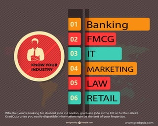 Banking
FMCG
IT
MARKETING
LAW
RETAIL
KNOW YOUR
INDUSTRY
www.gradquiz.com
Whether you're looking for student jobs in London, graduate jobs in the UK or further afield,
GradQuiz gives you easily-digestible information right at the end of your fingertips.
 