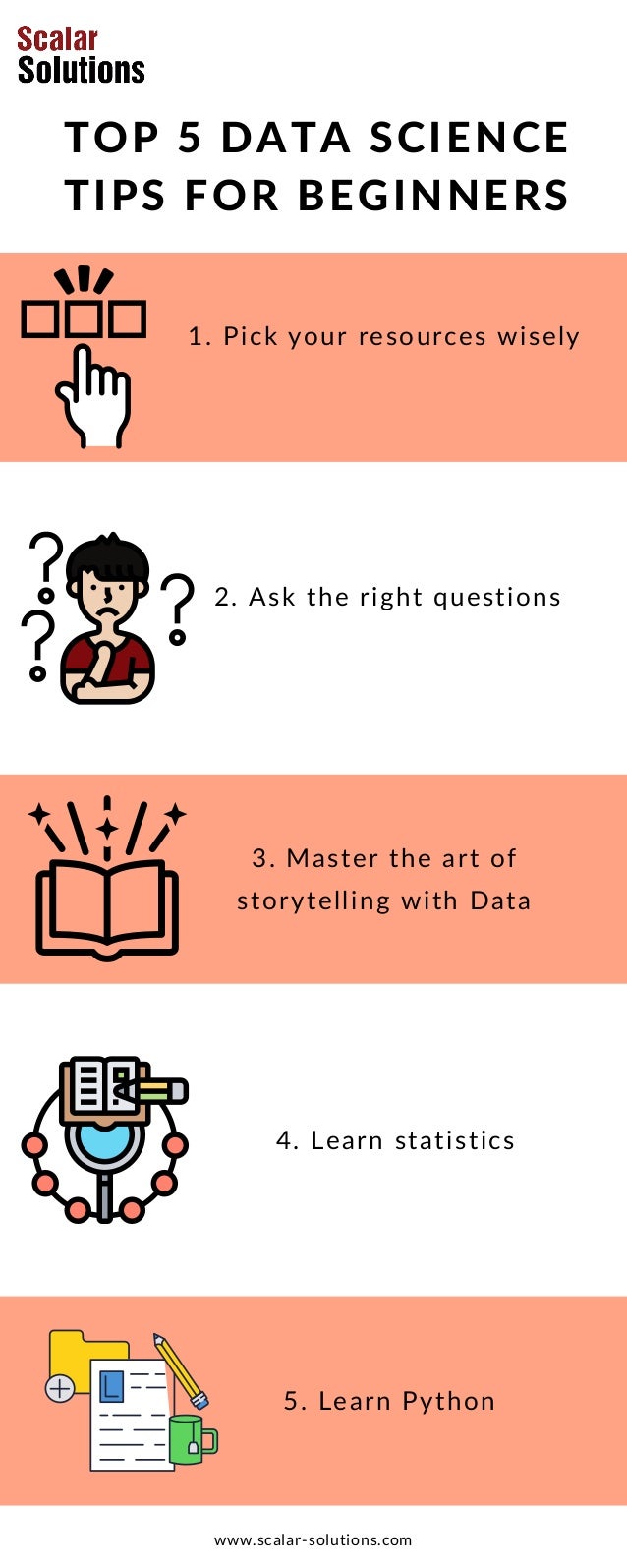 TOP 5 DATA SCIENCE
TIPS FOR BEGINNERS
Pick your resources wisely
1.
2. Ask the right questions
3. Master the art of
storytelling with Data
4. Learn statistics
5. Learn Python
www.scalar-solutions.com
 