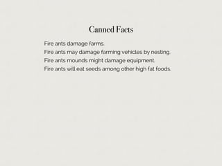 Canned Facts
Fire ants damage farms.
Fire ants may damage farming vehicles by nesting.
Fire ants mounds might damage equipment.
Fire ants will eat seeds among other high fat foods.
 
