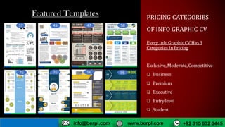 PRICING CATEGORIES
OF INFO GRAPHIC CV
Every Info Graphic CV Has 3
Categories In Pricing
Exclusive, Moderate, Competitive
 Business
 Premium
 Executive
 Entry level
 Student
Featured Templates
www.berpl.com +92 315 632 6445info@berpl.com
 
