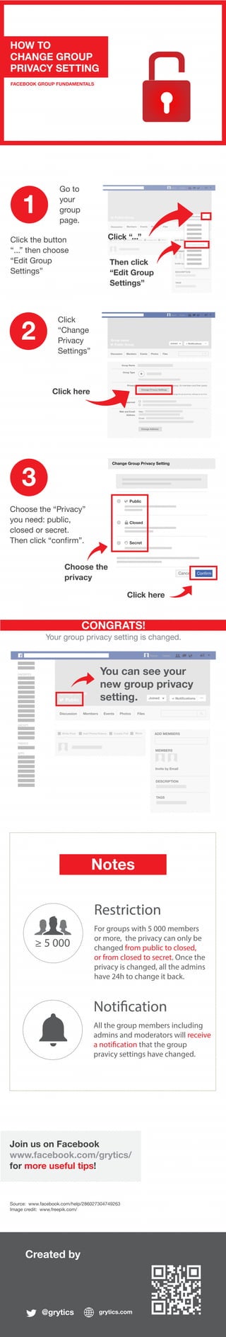 Created by
@grytics grytics.com
Join us on Facebook
www.facebook.com/grytics/
for more useful tips!
HOW TO
CHANGE GROUP
PRIVACY SETTING
FACEBOOK GROUP FUNDAMENTALS
Click the button
“...” then choose
“Edit Group
Settings”
1
2
Choose the “Privacy”
you need: public,
closed or secret.
Then click “confirm”.
3
Click here
FAVORITES
GROUPS
FRIENDS
APPS
Name Home
Group name
Public Joined Notifications ...
Discussion Members Events Photos Files
Write Post Add Photo/Videso Create Poll More ADD MEMBERS
MEMBERS
Invite by Email
DESCRIPTION
TAGS
CONGRATS!
Your group privacy setting is changed.
You can see your
new group privacy
setting.
Source: www.facebook.com/help/286027304749263
Image credit: www.freepik.com/
Grou
Name Home
Public Group Joined Notifications ...
Members Events Photos Files
Add Photo/Videso Create Poll More ADD MEMBERS
MEMBERS
Invite by Email
DESCRIPTION
TAGS
Edit Group Settings
Discussion
Write Post
Go to
your
group
page.
Click “...”
Then click
“Edit Group
Settings”
Name Home
Group name
Public Group Joined Notifications ...
Discussion Members Events Photos Files
Group Name
Privacy
Group Type
Public Group. Anyone can see the group, its members and their posts.
Change Privacy Settings
Groups with fewer than 5,000 members can change the group privacy settings at any time.
Membership Approval
Web and Email
Address
Web:
Email:
Change Address
Click
“Change
Privacy
Settings”
Click here
Change Group Privacy Setting
Public
Closed
Secret
Cancel Confirm
Choose the
privacy
Notes
≥ 5 000
Restriction
For groups with 5 000 members
or more, the privacy can only be
changed from public to closed,
or from closed to secret. Once the
privacy is changed, all the admins
have 24h to change it back.
Notification
All the group members including
admins and moderators will receive
a notification that the group
pravicy settings have changed.
 