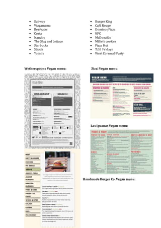  Subway
 Wagamama
 Beefeater
 Costa
 Nandos
 The Slug and Lettuce
 Starbucks
 Strada
 Yates’s
 Burger King
 Café Rouge
 Dominos Pizza
 KFC
 McDonalds
 Millie’s cookies
 Pizza Hut
 T.G.I Fridays
 West Cornwall Pasty
Wetherspoons Vegan menu: Zizzi Vegan menu:
Las Iguanas Vegan menu:
Handmade Burger Co. Vegan menu:
 