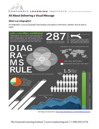 The Corporate Learning Institute │ www.corplearning.com │ 1-800-203-6734
All About Delivering a Visual Message
What is an infographic?
An infographic is any visual graphic that displays and explains information, whether that be data or
words.
Full image can be found at: http://www.thinkbrilliant.com/2010/06/infographic/
 