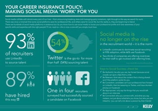 1
Your Career Insurance Policy:
Making social media ‘work’ for you
Social media collides with almost every part of our lives – from announcing breaking news and managing party invitations, right through to the way we search for work.
There was once a mind-set that some social platforms were for professional life, and others were for social life, but the reality is, they are beginning to blend.
There are hundreds of social media platforms in existence but do you know how to use social media to boost your professional profile and raise awareness of your
specific skills and expertise with the right people? If not, read on—this is now a core skill you simply must have.
Keys to Social Success: check list
 	Be Authentic: be who you are, be honest because social 	
	 crowds can spot a fake from a mile
 	Be Relevant: think about the content that is being shared
	 and if the platform works for you
 	Be Consistent: candidate can’t put professional foot forward
	 on LinkedIn; then be swearing on Twitter, and have drunken 	
	 photos on Facebook
 	Be Appropriate: only say the things that you would talk 	
	 about in an interview
 	Be Connected: who you connect with, and what you say, 	
	 matters; not just about what/who you know, but who you are 	
	 linked to; ‘you can tell a lot about a person by their friends’.
93%
of recruiters
use LinkedIn
to source talent
Social media is
no longer on the rise
in the recruitment world – it is the norm
Twitter is the go-to for more
than half (54%) sourcing talent
One in four recruiters
surveyed had successfully sourced
a candidate on Facebook
have hired
this way
89%
54%
	 LinkedIn continues to dominate social recruiting
	 at 93% adoption, while 66% use Facebook.
	 Two-thirds of companies are offering incentives
	 for their staff to get involved with referring hires.
Source: Jobvite’s fifth annual Social Recruiting Survey
 