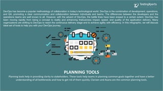 DevOps has become a popular methodology of collaboration in today’s technological world. DevOps is the combination of development, operations,
and QA, promoting a clear communication and collaboration between individuals and teams. The differences between the developers and the
operations teams are well known to all. However, with the advent of DevOps, the battle lines have been erased to a certain extent. DevOps has
been moving rapidly from being a concept to reality and enhancing thebusiness impact, speed, and quality of the application delivery. Many
organizations are shifting to DevOps to reach the continuous delivery stage and to achieve agility with efficiency. In this infographic, we will discuss
ideal set of tools to help you with your DevOps journey.
PLANNING TOOLS
Planning tools help in providing clarity to stakeholders. These tools help teams in planning common goals together and have a better
understanding of all bottlenecks and how to get rid of them quickly. Clarizen and Asana are the common planning tools.
 