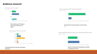 Audience research:
The majority are left wing so
will be more liberal in my
advert
People like the Scottish banter so will include
it
Could potentially incorporate video game
references
Need to make advert really good for people
to change their mind
 