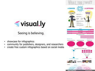 • showcase for infographics
• community for publishers, designers, and researchers
• create free custom infographics based on social media
 