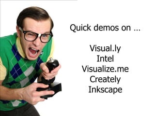 Quick demos on …

    Visual.ly
      Intel
  Visualize.me
    Creately
    Inkscape
 