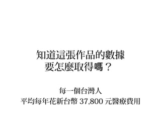 知道這張作品的數據
   要怎麼取得嗎？

     每一個台灣人
平均每年花新台幣 37,800 元醫療費用
 