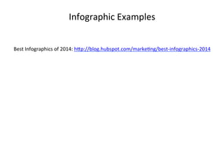 Infographic	
  Examples	
  
Best	
  Infographics	
  of	
  2014:	
  hcp://blog.hubspot.com/marke3ng/best-­‐infographics-­‐2014	
  
	
  
 