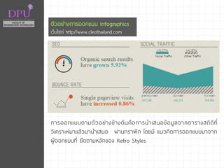 ตัวอย่างการออกแบบ Infographics
เว็บไซต์ http://www.cleothailand.com
การออกแบบตามตัวอย่างข้างต้นคือการนาเสนอข้อมูลจากตารางสถิติที่
วิเคราะห์มาแล้วมานาเสนอ ผ่านกราฟิก โดยมี แนวคิดการออกแบบมาจาก
ผู้ออกแบบที่ ยึดตามหลักของ Retro Styles
 