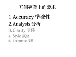 五個專業上的要求

1.Accuracy 準確性
2. Analysis 分析
3. Clarity 明確
4. Style 風格
5. Technique 技藝
 