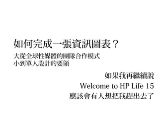 如何完成一張資訊圖表？
大從全球性媒體的團隊合作模式
小到單人設計的要領

                如果我再繼續說
          Welcome to HP Life 15
         應該會有人想把我趕出去了
 