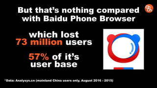 But that’s nothing compared
with Baidu Phone Browser
which lost
73 million users
57% of it’s
user base
*Data: Analysys.cn (mainland China users only, August 2016 - 2015)
 