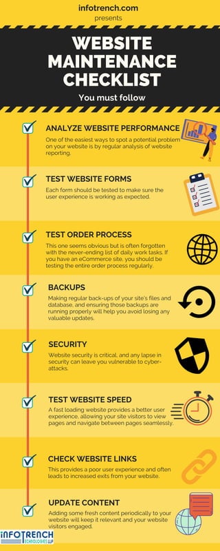 WEBSITE
MAINTENANCE
CHECKLIST
You must follow
Website security is critical, and any lapse in
security can leave you vulnerable to cyber-
attacks.
SECURITY
This one seems obvious but is often forgotten
with the never-ending list of daily work tasks. If
you have an eCommerce site, you should be
testing the entire order process regularly.
TEST ORDER PROCESS
Making regular back-ups of your site’s files and
database, and ensuring those backups are
running properly will help you avoid losing any
valuable updates.
BACKUPS
infotrench.com
presents
One of the easiest ways to spot a potential problem
on your website is by regular analysis of website
reporting.
ANALYZE WEBSITE PERFORMANCE
Each form should be tested to make sure the
user experience is working as expected.
TEST WEBSITE FORMS
A fast loading website provides a better user
experience, allowing your site visitors to view
pages and navigate between pages seamlessly.
TEST WEBSITE SPEED
This provides a poor user experience and often
leads to increased exits from your website.
CHECK WEBSITE LINKS
Adding some fresh content periodically to your
website will keep it relevant and your website
visitors engaged.
UPDATE CONTENT
 