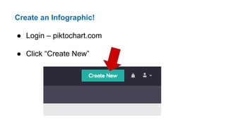 Create an Infographic!
● Login – piktochart.com
● Click “Create New”
 