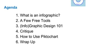 Agenda
1. What is an infographic?
2. A Few Free Tools
3. (Info)Graphic Design 101
4. Critique
5. How to Use Piktochart
6. Wrap Up
 