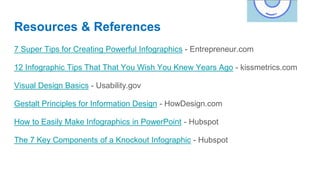 Resources & References
7 Super Tips for Creating Powerful Infographics - Entrepreneur.com
12 Infographic Tips That That You Wish You Knew Years Ago - kissmetrics.com
Visual Design Basics - Usability.gov
Gestalt Principles for Information Design - HowDesign.com
How to Easily Make Infographics in PowerPoint - Hubspot
The 7 Key Components of a Knockout Infographic - Hubspot
 
