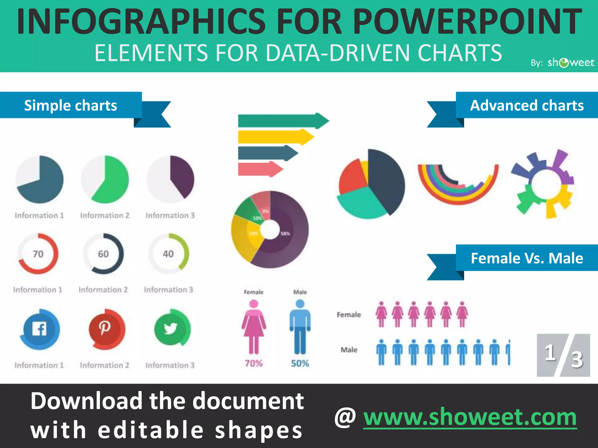 INFOGRAPHICS FOR POWERPOINT
ELEMENTS FOR DATA-DRIVEN CHARTS By:
Simple charts Advanced charts
Female Vs. Male
1 3
Download the document
with editable shapes @ www.showeet.com