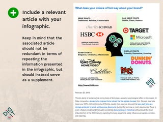 Keep in mind that the
associated article should
not be redundant in terms
of repeating the
information presented in
the infographic, but should
instead serve as a
supplement.
 
Include a relevant article with
your infographic.
 