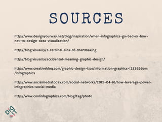 SOURCES
http://www.designyourway.net/blog/inspiration/when-infographics-go-bad-or-how-
not-to-design-data-visualization/
http://blog.visual.ly/7-cardinal-sins-of-chartmaking
http://blog.visual.ly/accidental-meaning-graphic-design/
http://www.creativebloq.com/graphic-design-tips/information-graphics-1232836om
/infographics
http://www.socialmediatoday.com/social-networks/2015-04-16/how-leverage-power-
infographics-social-media
http://www.coolinfographics.com/blog/tag/photo
 