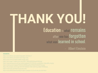 SOURCES:
https://www.flaticon.com/packs/infographics-elements-3
https://www.flaticon.com/packs/color-design-tools
https://www.visme.co/videos/graphic-design-rules/
https://cdn-images-1.medium.com/max/960/1*4bHiw3k3BxDWpgZjITvIRQ.png
https://superdevresources.com/wp-content/uploads/2014/05/font-combinations-infographics-big.png
https://i.pinimg.com/originals/59/65/9a/59659aaa84ed758fa4f7ef35b497fe7e.png
https://file.mockplus.com/image/2017/04/26d991b2-f866-43ff-82ae-dbf8e7787000.png
https://www.canva.com/learn/visual-hierarchy/
https://www.shutterstock.com/blog/4-types-of-balance-in-art-and-why-you-need-them
THANK YOU!
Education is what remains
after one has forgotten
what was learned in school.
- Albert Einstein
 