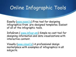 Online Infographic Tools
Easelly (www.easel.ly) Free tool for designing
infographics from pre-designed templates. Easiest
of all of the infographic tools.
InfoGram ( www.infogr.am) Simple no cost tool for
designing information and data visualizations with
interactive content.
Visually (www.visual.ly) A professional design
marketplace with examples of infographics in all
subjects.
 