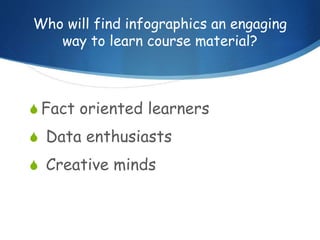 Who will find infographics an engaging
way to learn course material?
S Fact oriented learners
S Data enthusiasts
S Creative minds
 