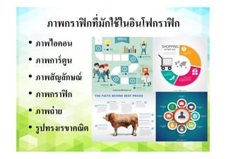 ประเภทของอินโฟกราฟิก
• Presentation infographic สื่อสารสนเทศรูปแบบ
การนําเสนอเคลื่อนไหวเป็นขั้นตอนลําดับเหตุการณ์
 