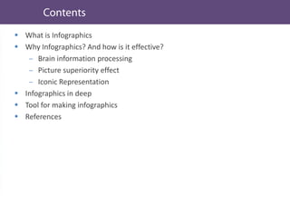  What is Infographics
 Why Infographics? And how is it effective?
Brain information processing
Picture superiority effect
Iconic Representation
 Infographics in deep
 Tool for making infographics
 References
 