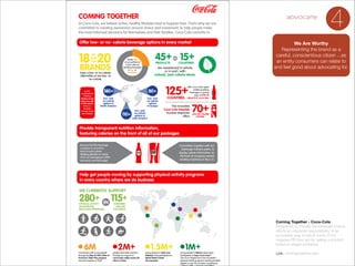 advocate

4

We Are Worthy
Representing the brand as a
careful, conscientious citizen ...as
an entity consumers can relate to
and feel good about advocating for.

Coming Together - Coca-Cola
Infographic to visually demonstrate Coke’s
efforts at corporate responsibility, is an
accessible way to rebuff some of the
negative PR they get for selling a product
linked to weight problems.

!

Link: comingtogether.com

 
