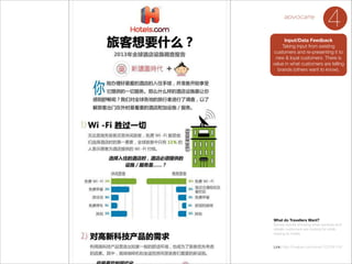 advocate

4

Input/Data Feedback
Taking input from existing
customers and re-presenting it to
new & loyal customers. There is
value in what customers are telling
brands (others want to know).

What do Travellers Want?
Survey results showing what services and
details customers are looking for while
staying at hotels.

!
!

Link: http://huaban.com/pins/123754110/

 